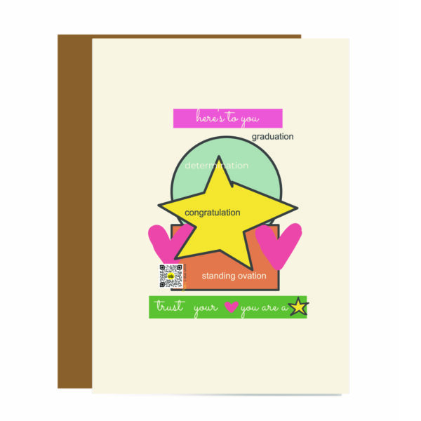 graduation card with star, words of congratulations, qr code that sings grad song