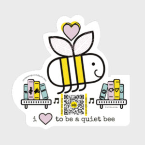 book nerd sticker with bee, books and hearts; qr code plays song