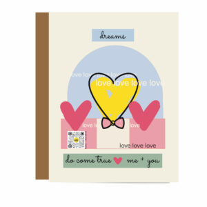 love card with hearts, bow tie and gift box, qr code that plays love song