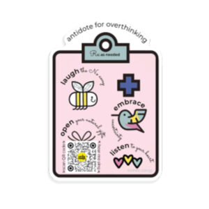 pink prescription pad with fun tips to stop overthinking, qr code that plays song