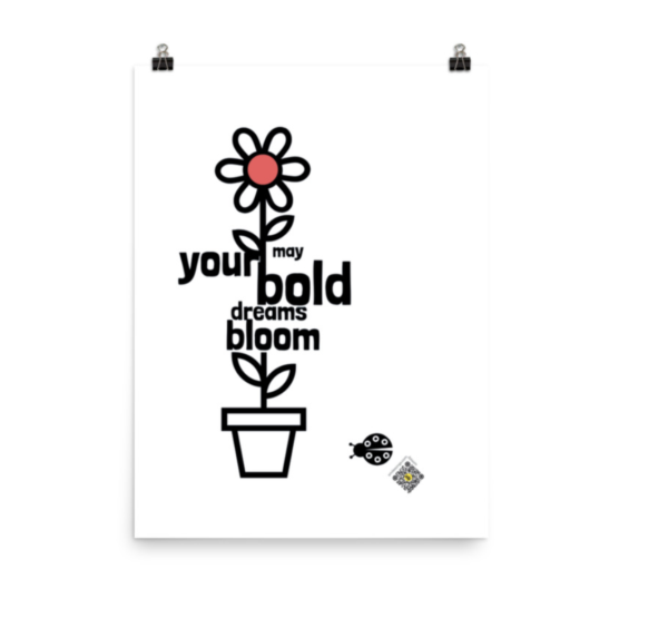 bold dream bloom poster with tall flower, ladybug and singing qr code