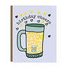 GC091 birthday cheers large green mug with yellow words of good wishes in it, QR code that plays song, on lavender background; birthday cheers type