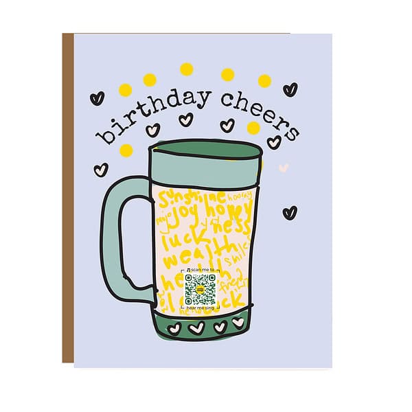 GC091 birthday cheers large green mug with yellow words of good wishes in it, QR code that plays song, on lavender background; birthday cheers type