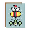 GCH053 Bees on Earth Green QR mockup 22 july 22 smiling line art bee wearing santa hat with fa-la-la written in its wings flying over trees with snowflakes falling; bees on earth type; soft blue-green background; QR code that plays song in middle tree