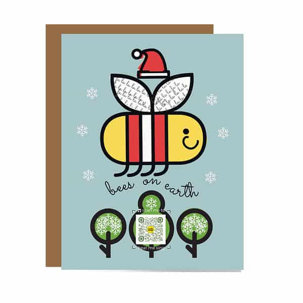 GCH053 Bees on Earth Green QR mockup 22 july 22 smiling line art bee wearing santa hat with fa-la-la written in its wings flying over trees with snowflakes falling; bees on earth type; soft blue-green background; QR code that plays song in middle tree