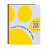 GC095 Super Dupter grateful qr code frame 22 july 22 mockup greeting card with lavender background and big yellow pawprint that covers page; happy birthday to my human type and QR code in one paw toe that plays song