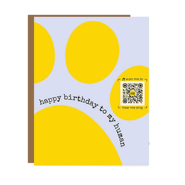 GC095 Super Dupter grateful qr code frame 22 july 22 mockup greeting card with lavender background and big yellow pawprint that covers page; happy birthday to my human type and QR code in one paw toe that plays song