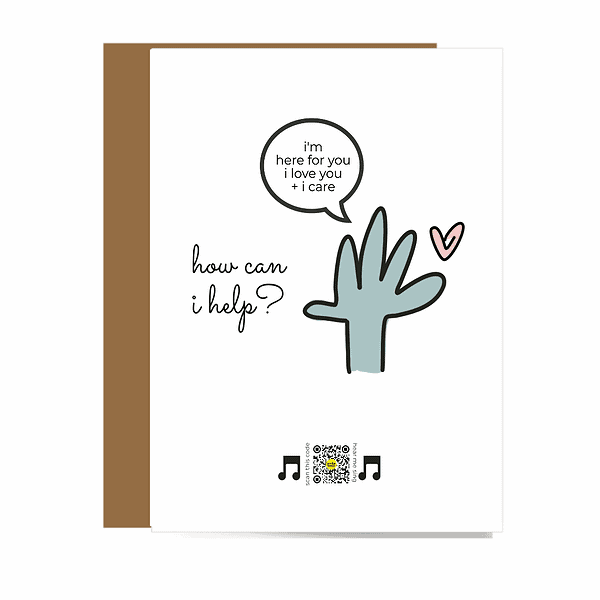 How Can I Help? green hand with speech bubble that says how can i help? pink heart and black and white qr card below that sings song, flanked by black music notes
