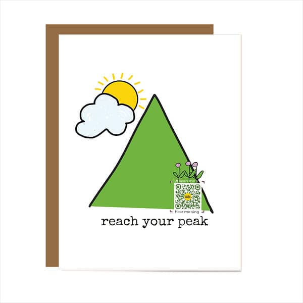 GC095 Reach Your Peak card musical greeting card with mountain, sun, cloud and reach your peak typography; QR code plays song