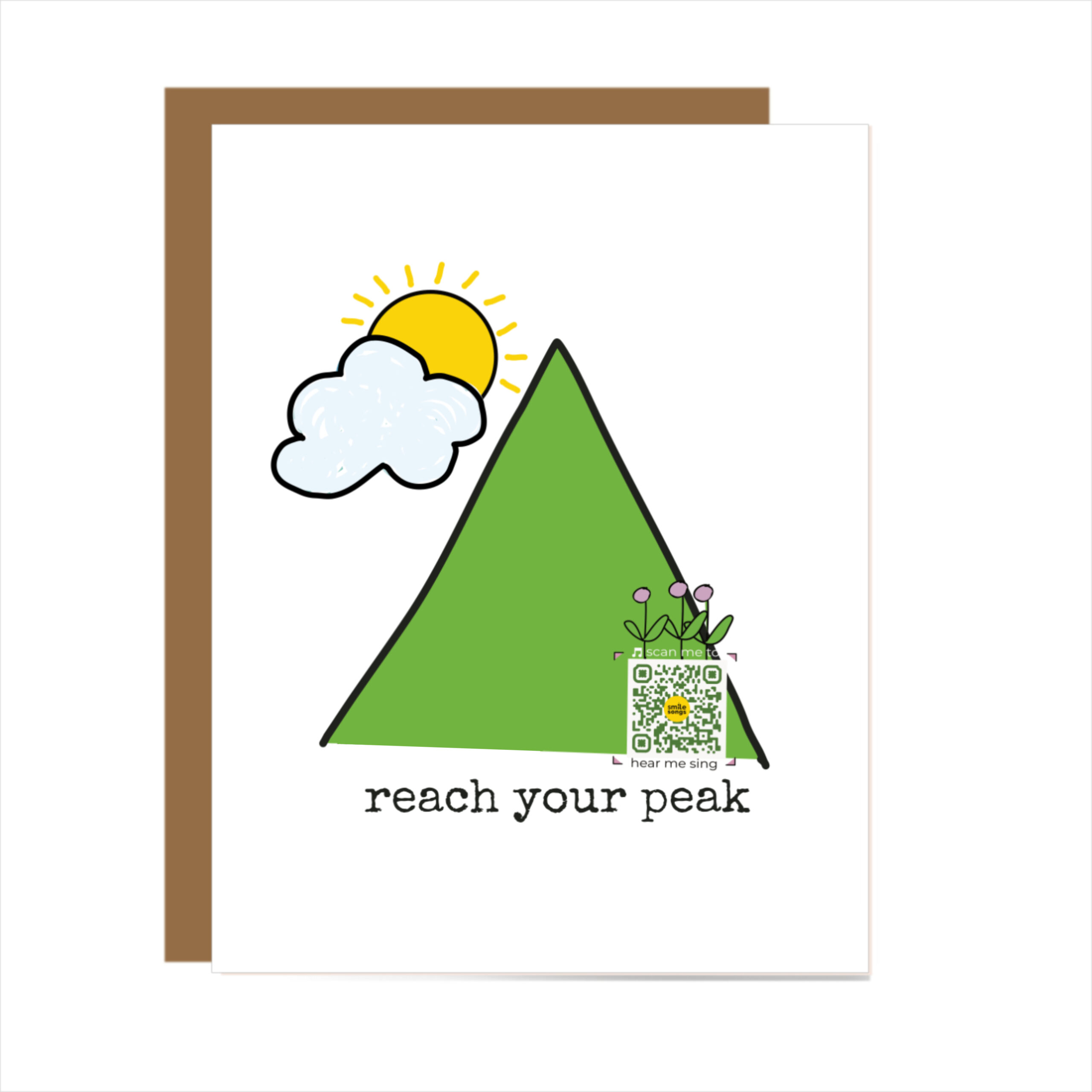 musical greeting card with mountain, sun, cloud and reach your peak typography; QR code plays song