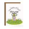 Super Duper grateful qr code frame 22 july 22 mockup illustration of smiling cartoon bee surrounded by hearts flying gift box with QR code that plays song over round lawn dotted with pastel flowers