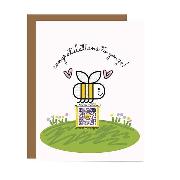 Super Duper grateful qr code frame 22 july 22 mockup illustration of smiling cartoon bee surrounded by hearts flying gift box with QR code that plays song over round lawn dotted with pastel flowers
