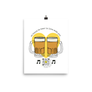 art print with two beer steins surrounded by heart, Hoppy to Beer in Love with you typography and qr code that sings love song with beer puns