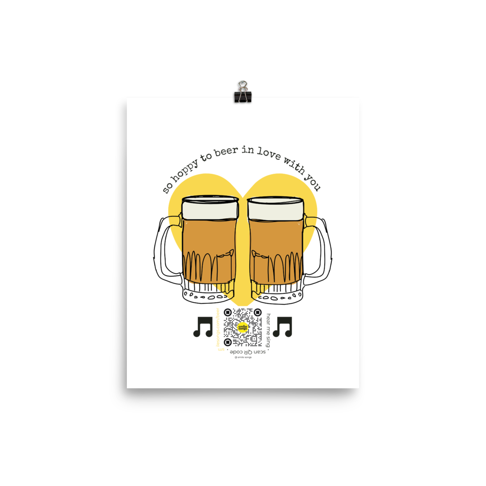 art print with two beer steins surrounded by heart, Hoppy to Beer in Love with you typography and qr code that sings love song with beer puns