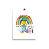 colorful illustration of smiling character under rainbow wearing overalls and near a drum with QR code that plays song inside it
