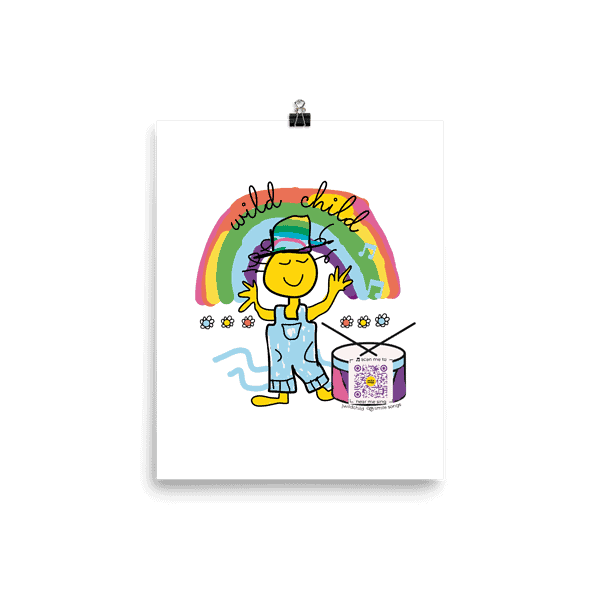 colorful illustration of smiling character under rainbow wearing overalls and near a drum with QR code that plays song inside it