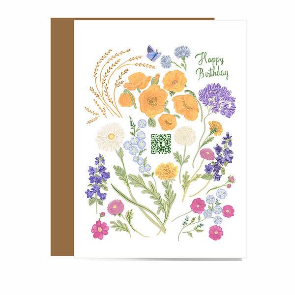 birthday card with watercolor of flowers and green QR code on front that sings handcrafted birthday song