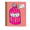 HS-001 Mirthos Collab Bottled Lightning pink metallic greeting card with fuchsia bottle of golden lighting bolts, qr code on label plays product jingle