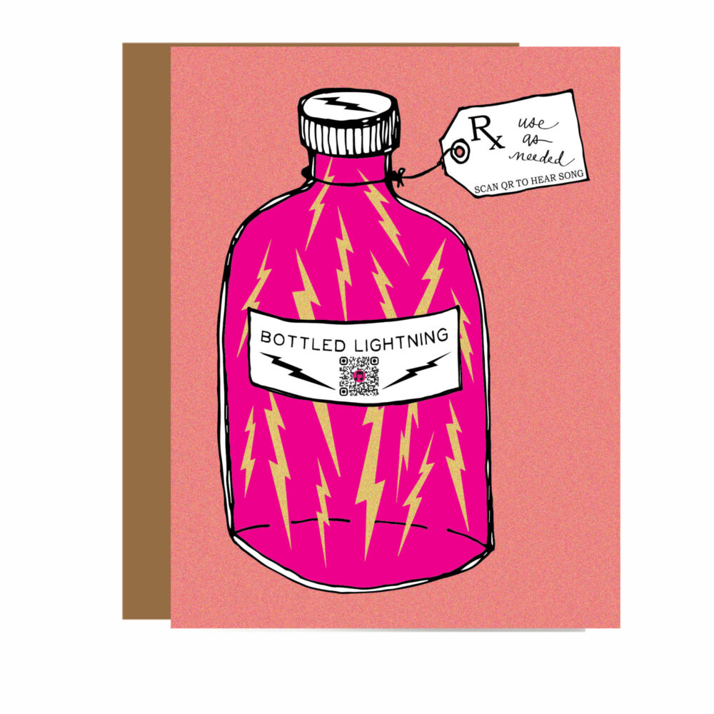 pink metallic greeting card with fuchsia bottle of golden lighting bolts, qr code on label plays product jingle