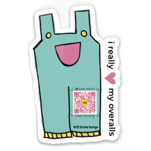 overalls with smiling face and qr code knee patch that plays our love my overalls song