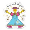rise and shine encouragement musical sticker smile songs smiling figure wearing overalls with QR code as patch on overalls that plays handcrafted rise and shine song