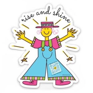 smiling figure wearing overalls with QR code as patch on overalls that plays handcrafted rise and shine song