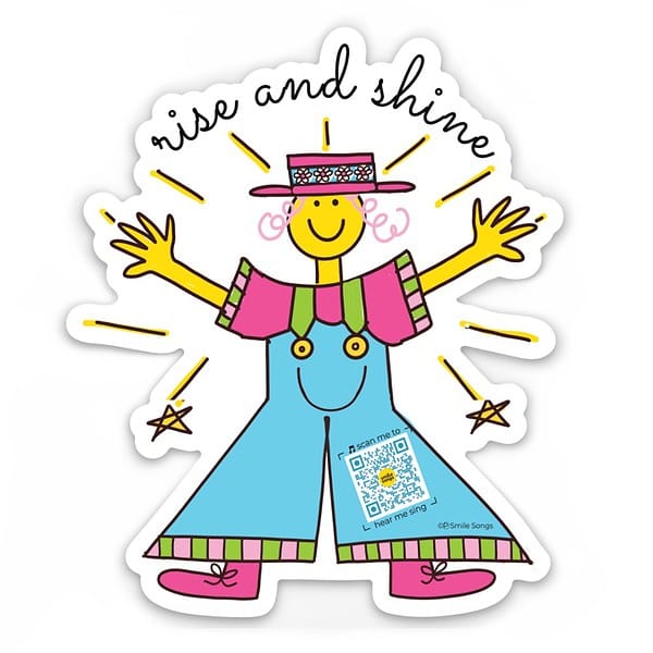 rise and shine encouragement musical sticker smile songs smiling figure wearing overalls with QR code as patch on overalls that plays handcrafted rise and shine song