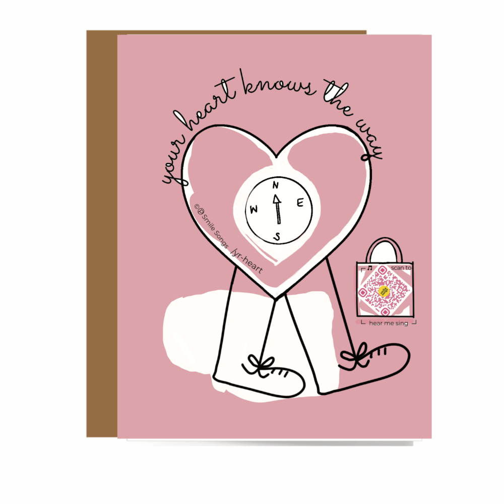 pink greeting card with heart that has legs, internal compass. scan qr code to hear song created for this design