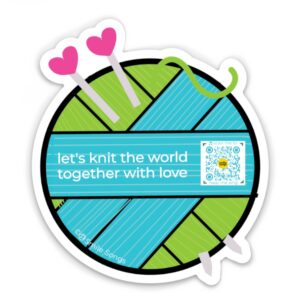 sticker shaped like globe made out of year with heart-shaped knitting needles and qr code that sings knit world with love song