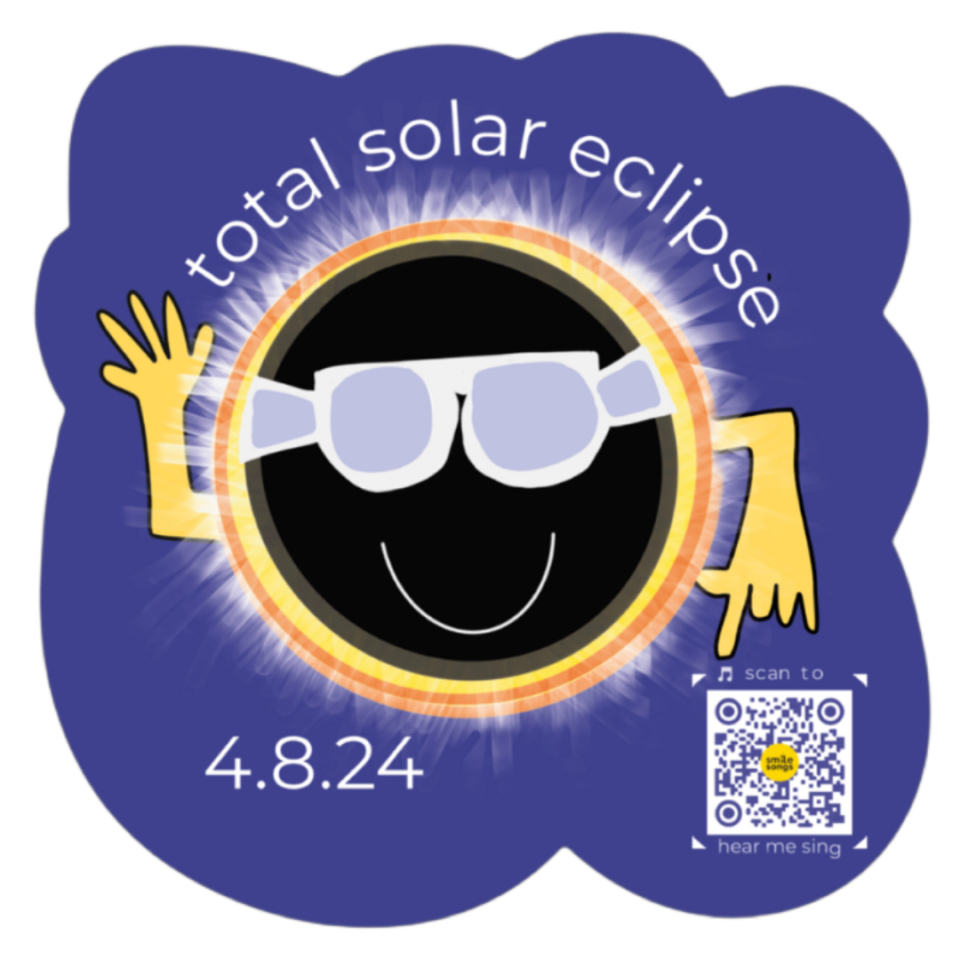 die-cut sticker with dark blue shape, illustration of smiling eclipse character wearing protective shades and qr code that plays eclipse song