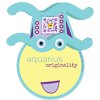 aquarius zodiac sticker with character wearing symbol as hat and qr code that plays aquarius song