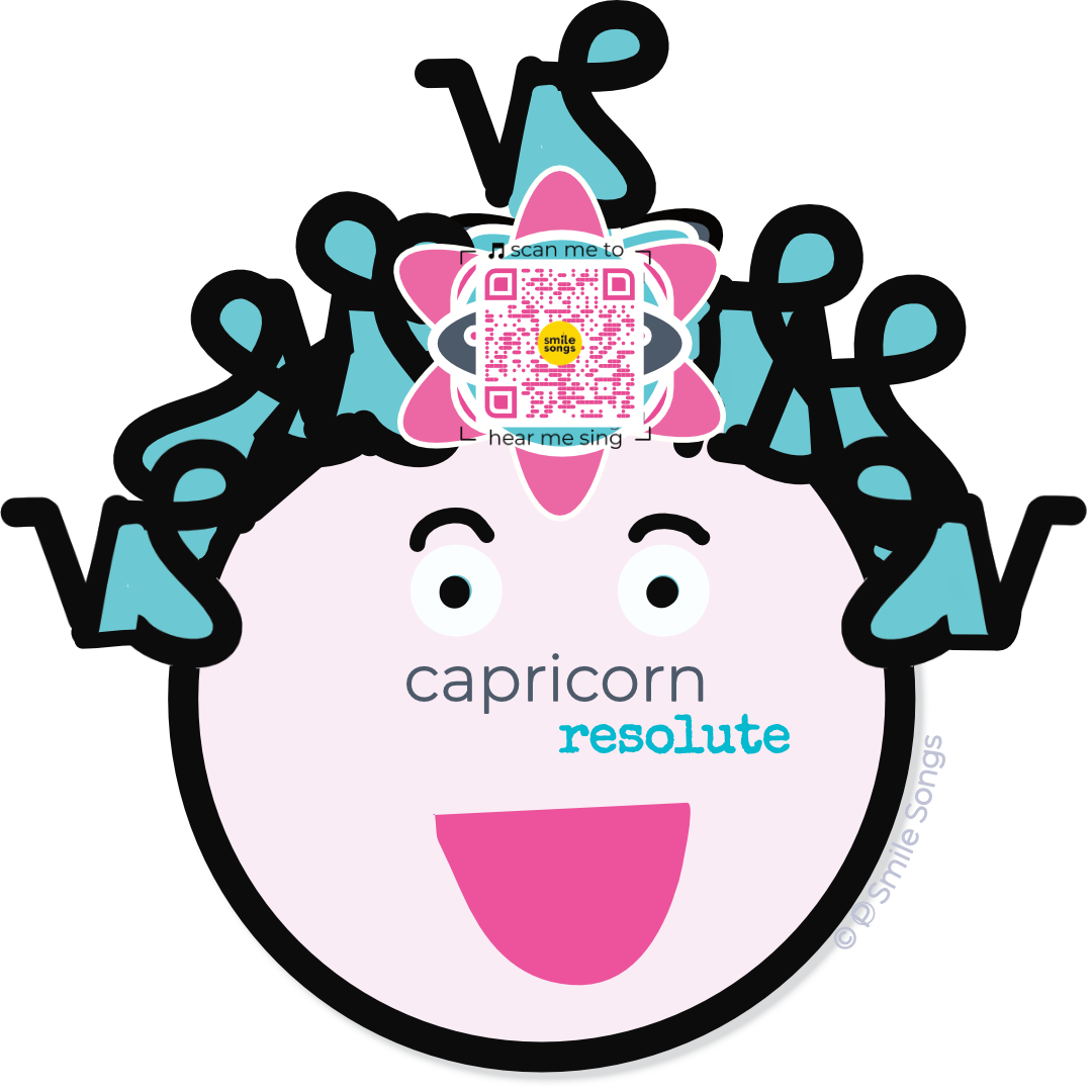 capricorn zodiac sticker with smiling woman with capricorn symbols as hair and qr code that plays capricorn power song