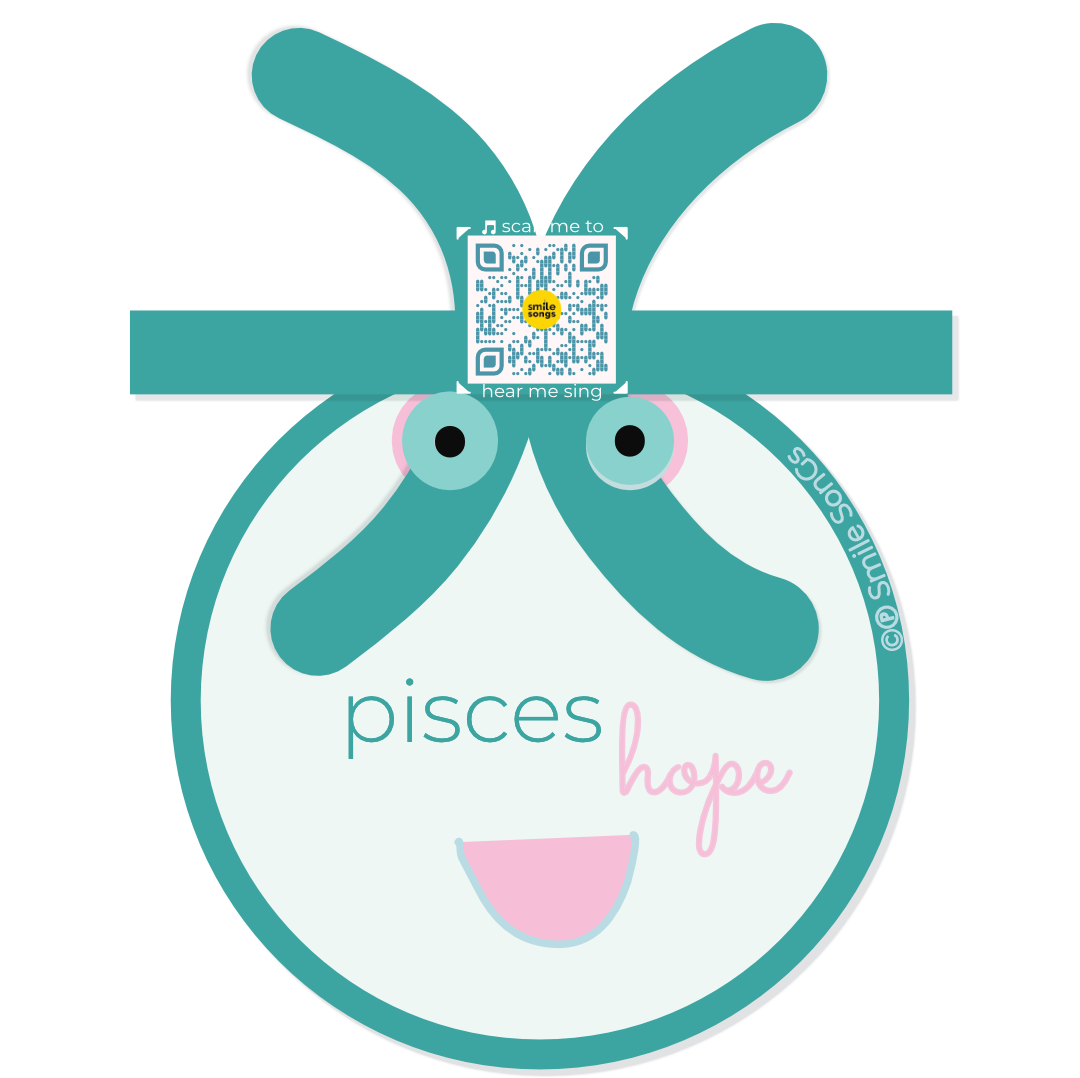 pisces zodiac sticker with character wearing symbol as hat and qr code that play aquarius song