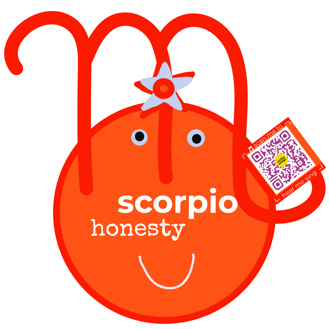 scorpio zodiac sticker with character based on astrological symbol and qr code that plays scorpio song