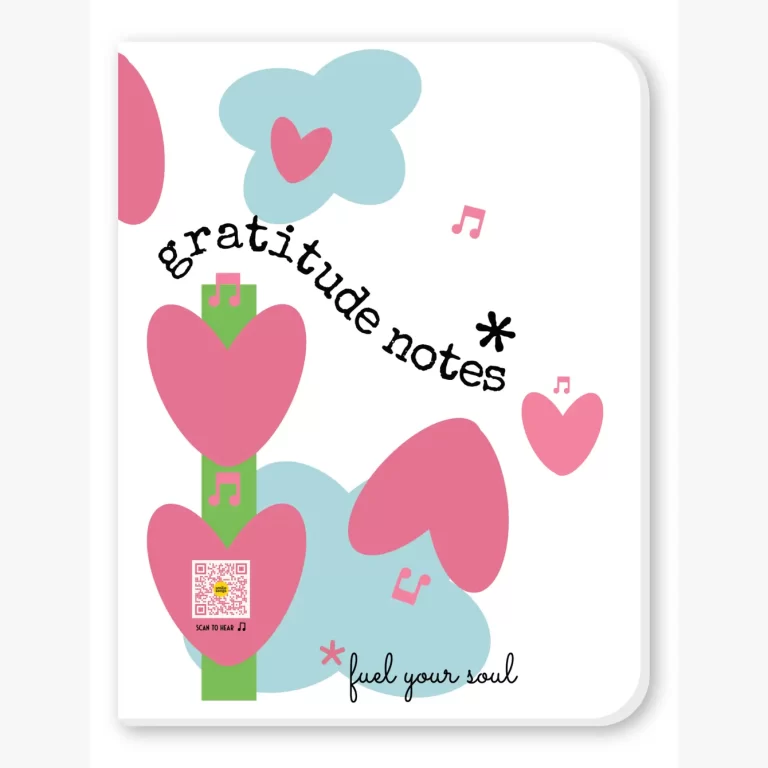 gratitude journal with hearts and clouds on front, singing QR code; blank inside pages