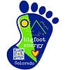 blue big footprint sticker with mountain, sun and qr code that sings big foot song