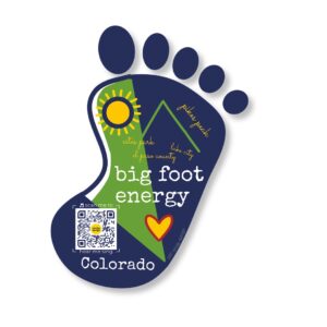 blue big footprint sticker with mountain, sun and qr code that sings big foot song