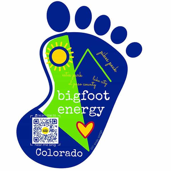 blue big footprint sticker with mountain, sun and qr code that sings big foot song