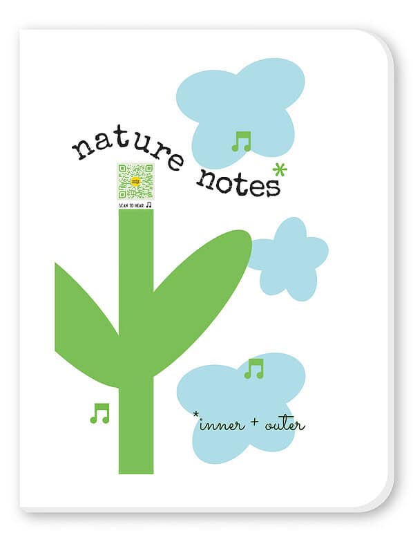 small notebook with graphic design of green stem with leaves and QR code that sings song atop like flower, music notes and blue clouds
