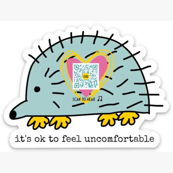 Porcupine illustration of gentle blue-green hedgehog seen from side, looking down; pink heart in center plays song