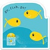 die-cut sticker with three smiling yellow fish illustration on aqua water, treasure chest with QR code that plays song, Go Fish Go typography
