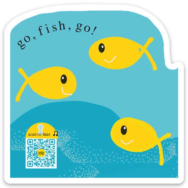 die-cut sticker with three smiling yellow fish illustration on aqua water, treasure chest with QR code that plays song, Go Fish Go typography