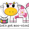 Smile Songs Let’s Get Moosical singing sticker diecut sticker with pink spotted cow with drum and qr code that play song