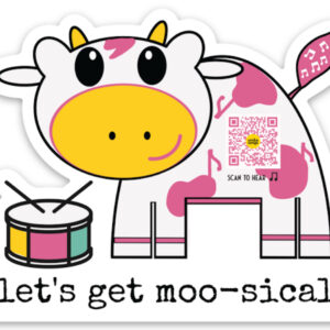 diecut sticker with pink spotted cow with drum and qr code that play song