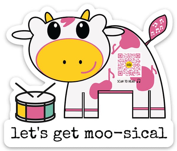 Smile Songs Let’s Get Moosical singing sticker diecut sticker with pink spotted cow with drum and qr code that play song