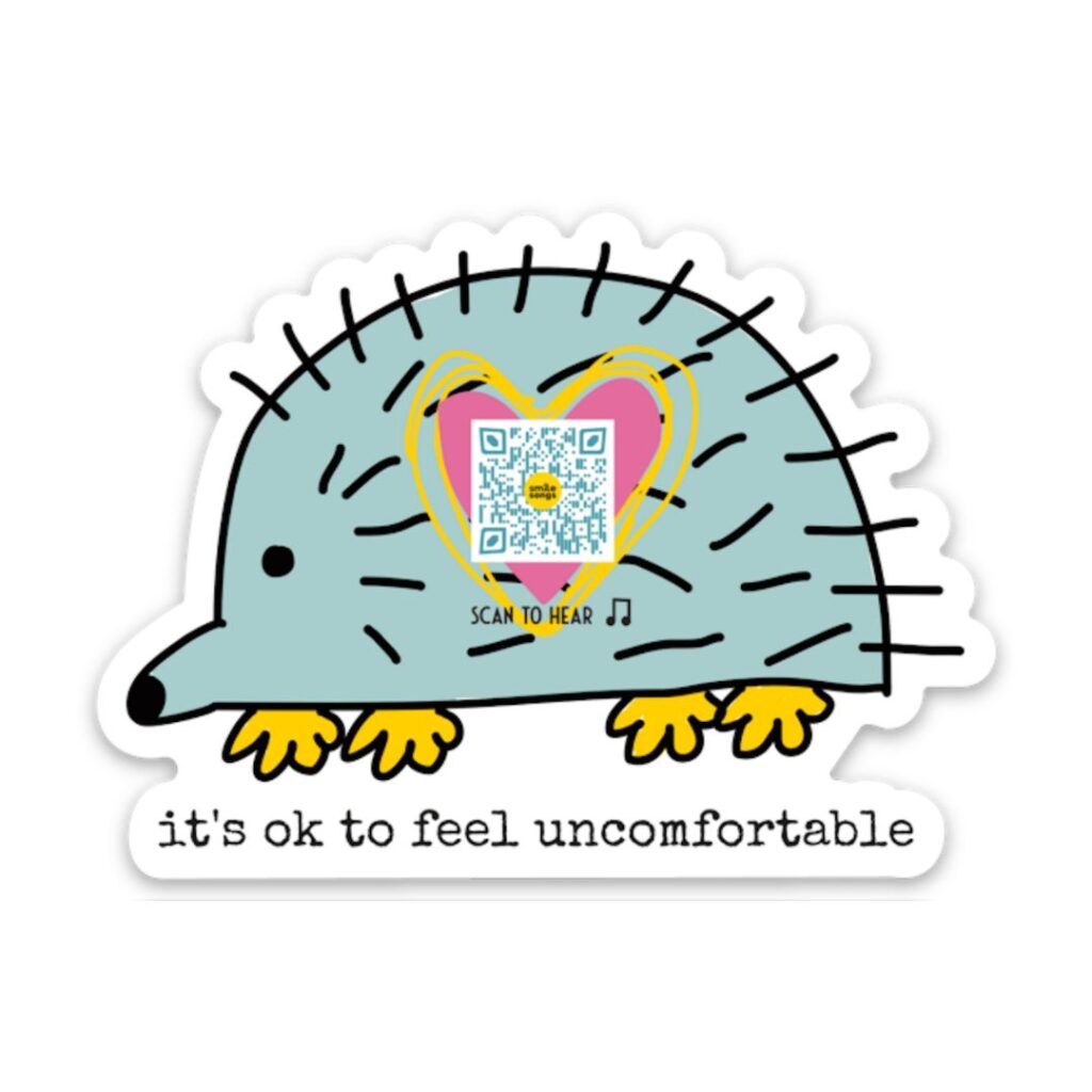 Empathy-themed singing sticker with QR code that plays a song, featuring a hedgehog and emotional support message