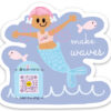 die-cut sticker with smiling mermaid character, fish and treasure chest that plays song; pastel palette