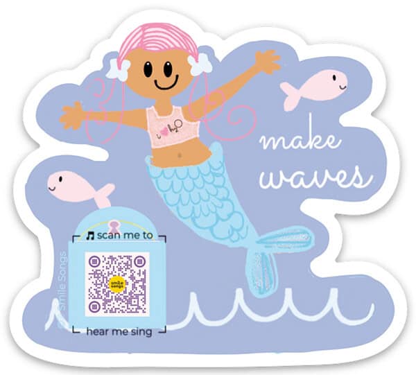 die-cut sticker with smiling mermaid character, fish and treasure chest that plays song; pastel palette