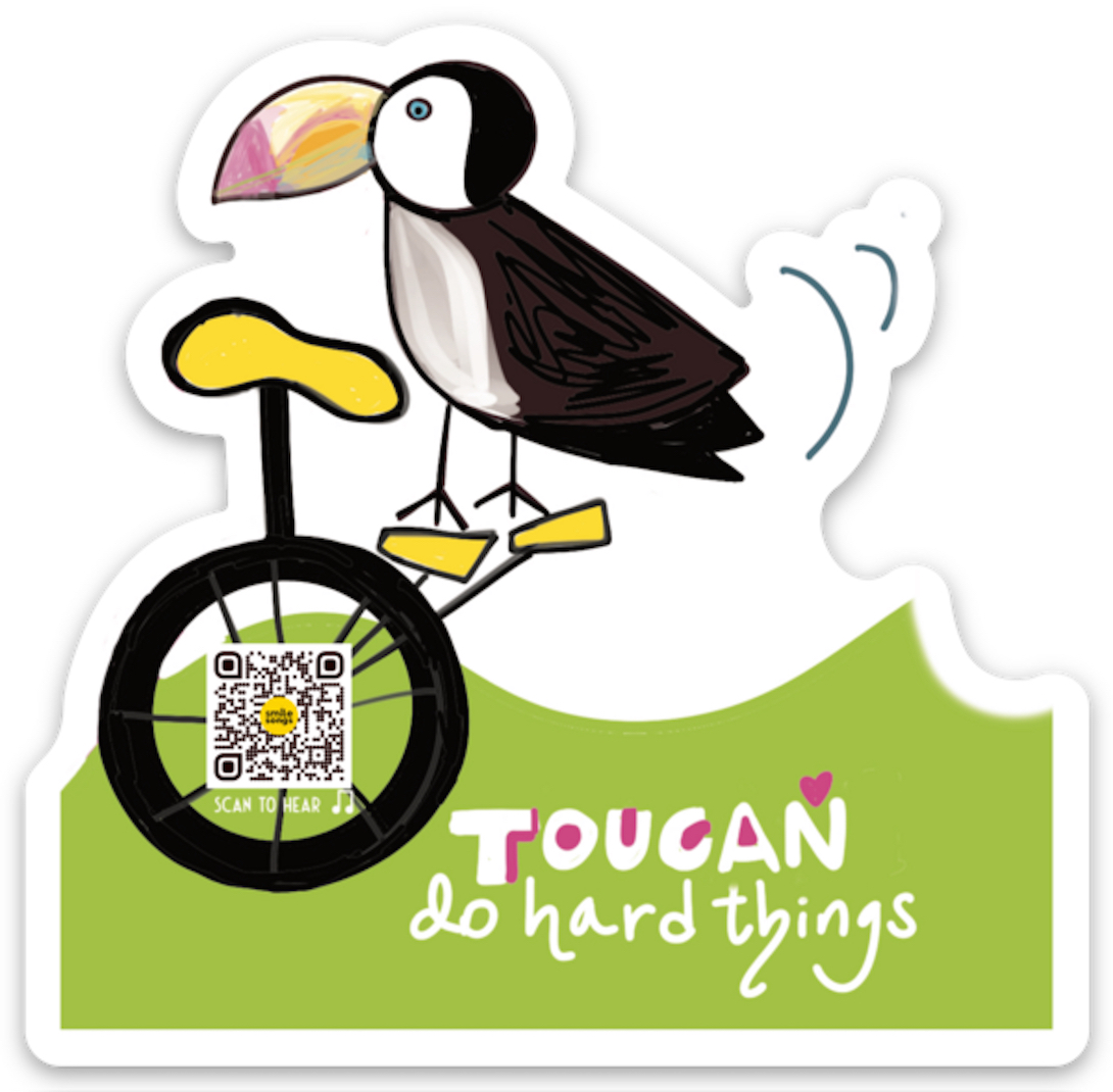 diecut sticker with toucan riding unicycle with qr code in wheel that plays song