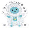 Yeti set go sticker Illustration of smiling Yeti wearing a fuzzy suit, surrounded by snowflakes; QR code on coat the sings song; teal, gray, black and white design